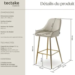 Tabouret de bar en aspect velours rembourré avec dossier et repose-pieds Lot de 2
