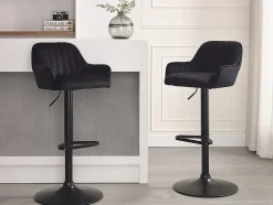 Tabouret de bar en velours et métal - Hauteur réglable - Noir - ELEANA