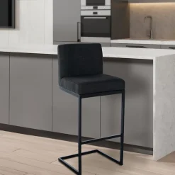 Tabouret de bar Hopewell tissu, chaise à piétement luge, dossier, repose-pieds, structure métallique noire Grisfoncé