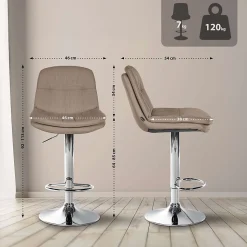Tabouret de bar Laurel avec tissu, réglable en hauteur, pivotant, repose-pieds, dossier rembourré Métalchromé/Taupe