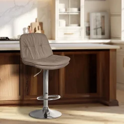 Tabouret de bar Laurel avec tissu, réglable en hauteur, pivotant, repose-pieds, dossier rembourré Métalchromé/Taupe