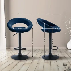 Tabouret de bar Olinda velours, chaise réglable, pivotante, dossier, repose-pieds Bleu/Noir