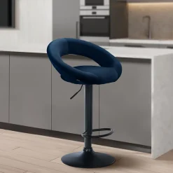 Tabouret de bar Olinda velours, chaise réglable, pivotante, dossier, repose-pieds Bleu/Noir