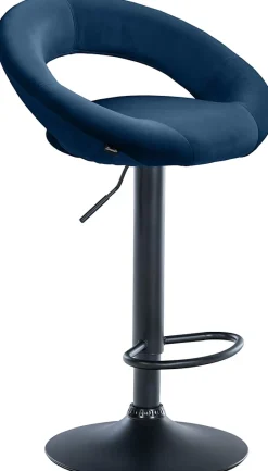 Tabouret de bar Olinda velours, chaise réglable, pivotante, dossier, repose-pieds Bleu/Noir