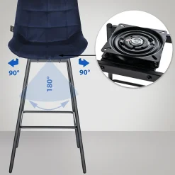 Tabouret de bar pivotant Weston pivotant à 90 degrés, réglage, assise rembourrée, structure métallique Bleu/Velours