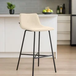 Tabouret de bar rembourré Altona, dossier, repose-pieds, métal noir, style scandinave moderne Crème/Tissu