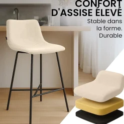 Tabouret de bar rembourré Altona, dossier, repose-pieds, métal noir, style scandinave moderne Crème/Tissu