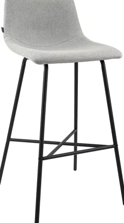 Tabouret de bar rembourré Altona, dossier, repose-pieds, métal noir, style scandinave moderne Gris/Tissu
