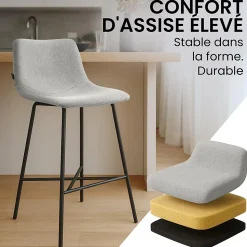 Tabouret de bar rembourré Altona, dossier, repose-pieds, métal noir, style scandinave moderne Gris/Tissu