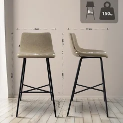 Tabouret de bar rembourré Altona, dossier, repose-pieds, métal noir, style scandinave moderne Taupe/Tissu