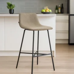Tabouret de bar rembourré Altona, dossier, repose-pieds, métal noir, style scandinave moderne Taupe/Tissu