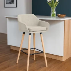Tabouret de bar rembourré dossier Grant, chaise de bar tissu, structure bois, jusqu'à 150 kg Crème