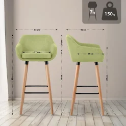 Tabouret de bar rembourré dossier Grant, chaise de bar tissu, structure bois, jusqu'à 150 kg Vertclair