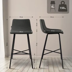 Tabouret de bar rembourré Altona, dossier, repose-pieds, métal noir, style scandinave moderne Grisfoncé/Tissu