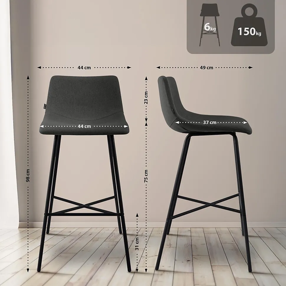 Tabouret de bar rembourré Altona, dossier, repose-pieds, métal noir, style scandinave moderne Grisfoncé/Tissu
