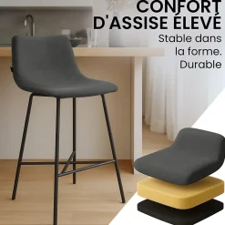 Tabouret de bar rembourré Altona, dossier, repose-pieds, métal noir, style scandinave moderne Grisfoncé/Tissu