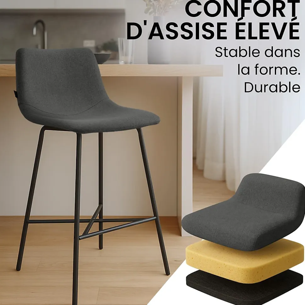 Tabouret de bar rembourré Altona, dossier, repose-pieds, métal noir, style scandinave moderne Grisfoncé/Tissu