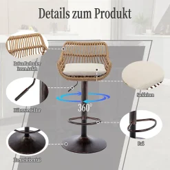 Tabouret de Bar Tabouret de Bar Réglable avec Accoudoirs et Repose-Pieds, Tissu Lin - Beige, 49x48x89-109 cm