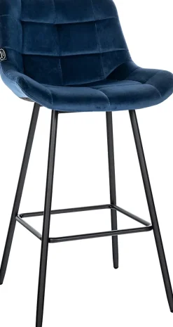 Tabouret de bar Weston dossier, assise rembourrée, structure métallique, velours ou similicuir, repose-pieds Bleu/Velours