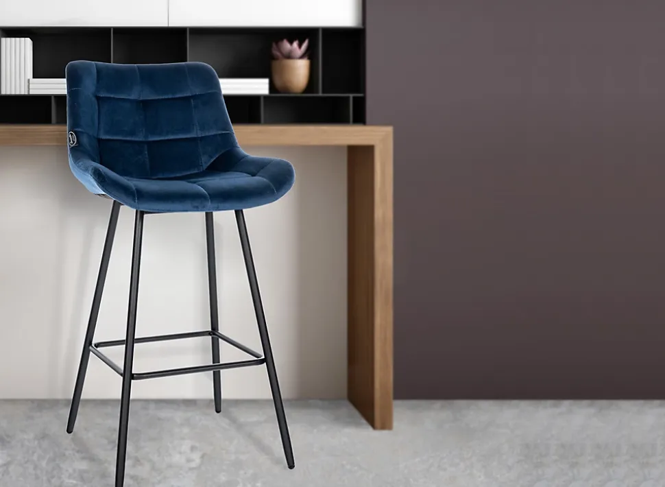 Tabouret de bar Weston dossier, assise rembourrée, structure métallique, velours ou similicuir, repose-pieds Bleu/Velours