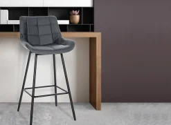 Tabouret de bar Weston dossier, assise rembourrée, structure métallique, velours ou similicuir, repose-pieds Gris/Similicuir