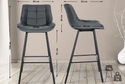 Tabouret de bar Weston dossier, assise rembourrée, structure métallique, velours ou similicuir, repose-pieds Gris/Similicuir