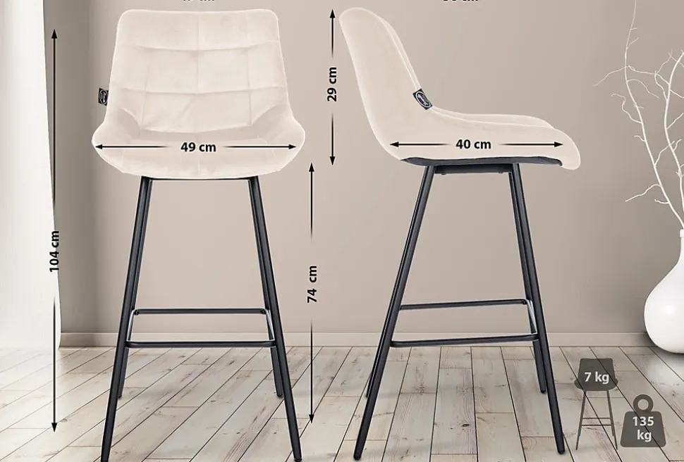 Tabouret de bar Weston dossier, assise rembourrée, structure métallique, velours ou similicuir, repose-pieds Crème/Velours