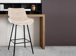 Tabouret de bar Weston dossier, assise rembourrée, structure métallique, velours ou similicuir, repose-pieds Crème/Velours