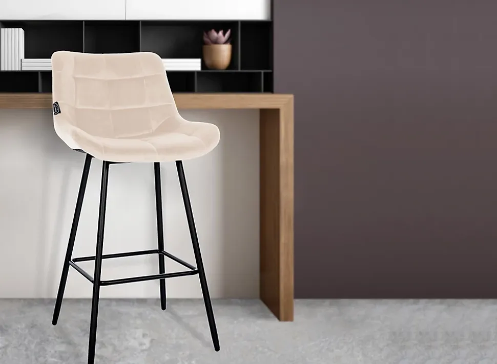 Tabouret de bar Weston dossier, assise rembourrée, structure métallique, velours ou similicuir, repose-pieds Crème/Velours