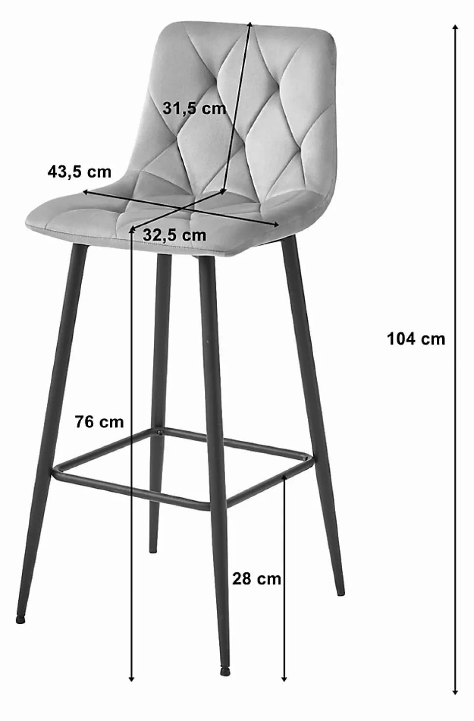 Tabouret Valora KODA, velours gris foncé, pieds noirs x4