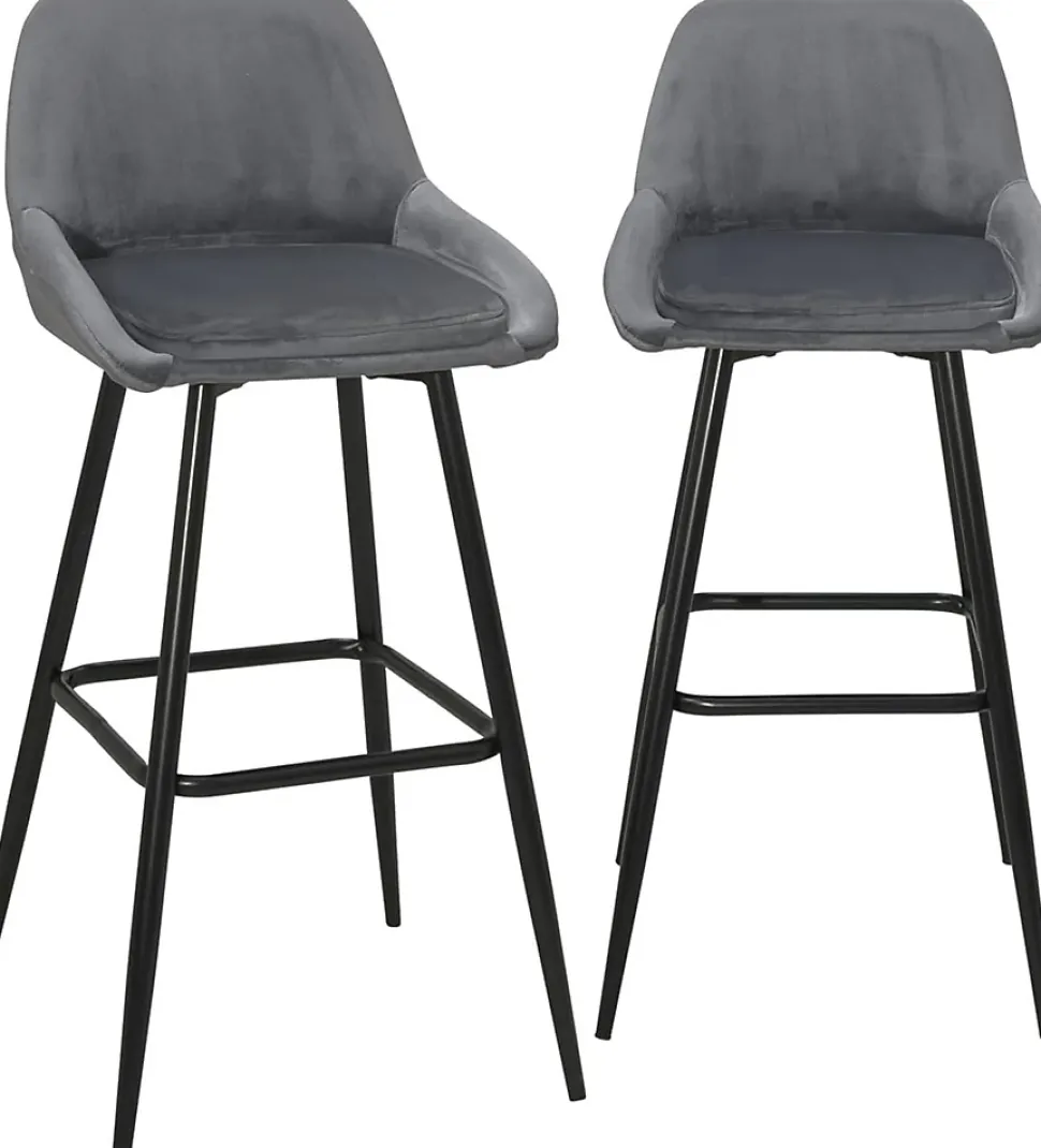 Tabourets de bar velours, lot de 2, pieds métal noir, hauteur d'assise 68 cm, mira (gris)