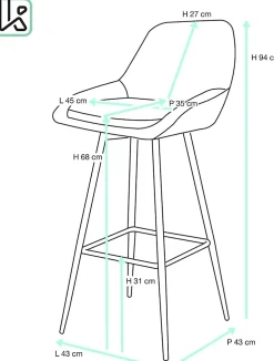 Tabourets de bar velours, lot de 2, pieds métal noir, hauteur d'assise 68 cm, mira (gris)