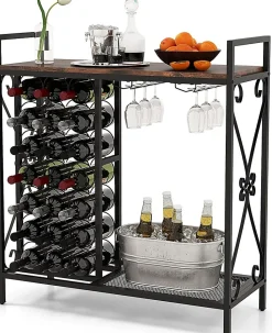 Étagère à Vin avec Casier à Vin 21 Bouteilles, 2 Porte-Verres pour 6 Verres, pour Salle à Manger, Cave, 93x38x102cm (Marron)