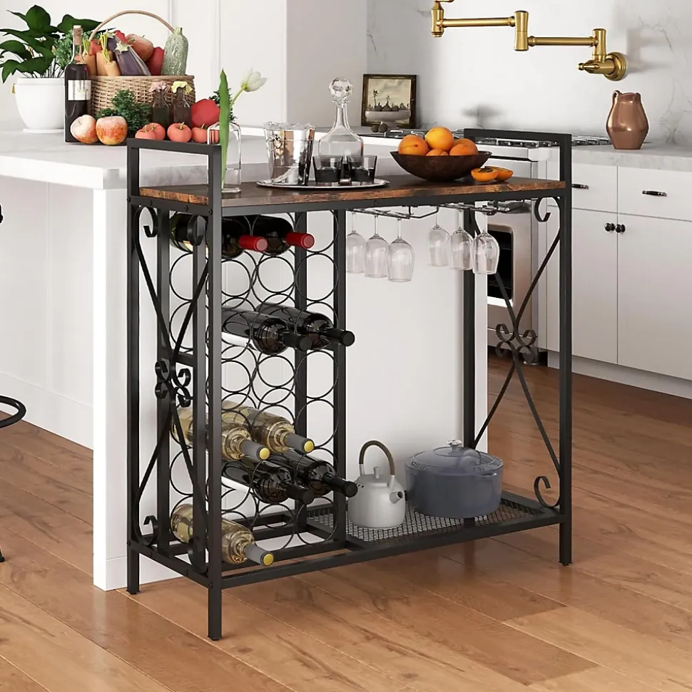 Étagère à Vin avec Casier à Vin 21 Bouteilles, 2 Porte-Verres pour 6 Verres, pour Salle à Manger, Cave, 93x38x102cm (Marron)