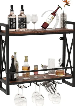 Étagère à Vin Murale, 2 Niveaux pour 14 Bouteilles, 9 Porte-Verres à Vin ou 6 Tasses,pour Bar, Salle à Manger,Cuisine, 60x20x55cm
