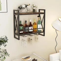 Étagère à Vin Murale, 2 Niveaux pour 14 Bouteilles, 9 Porte-Verres à Vin ou 6 Tasses,pour Bar, Salle à Manger,Cuisine, 60x20x55cm