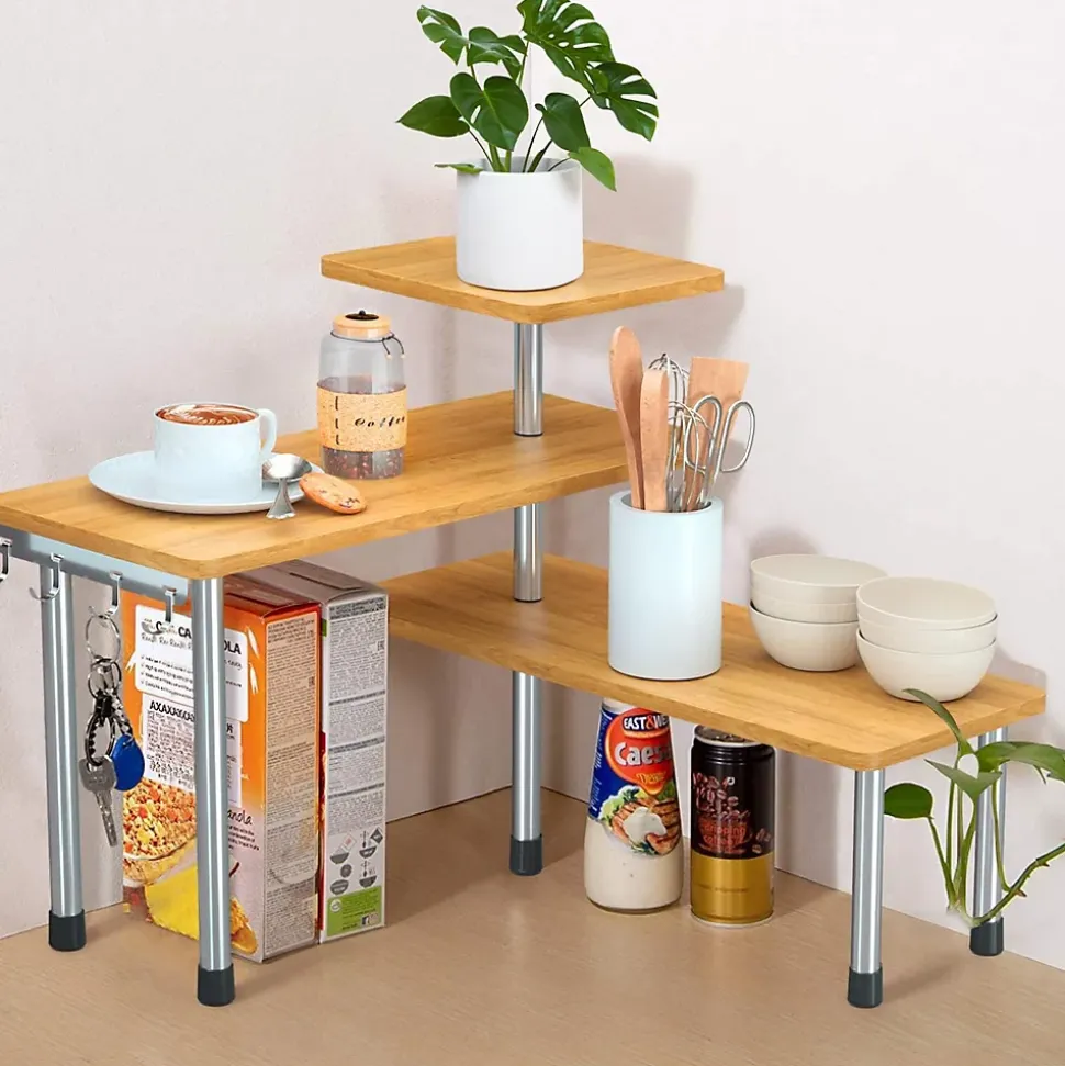 Étagère d'angle de cuisine à 3 niveaux en bambou pour rangement d'épices marron