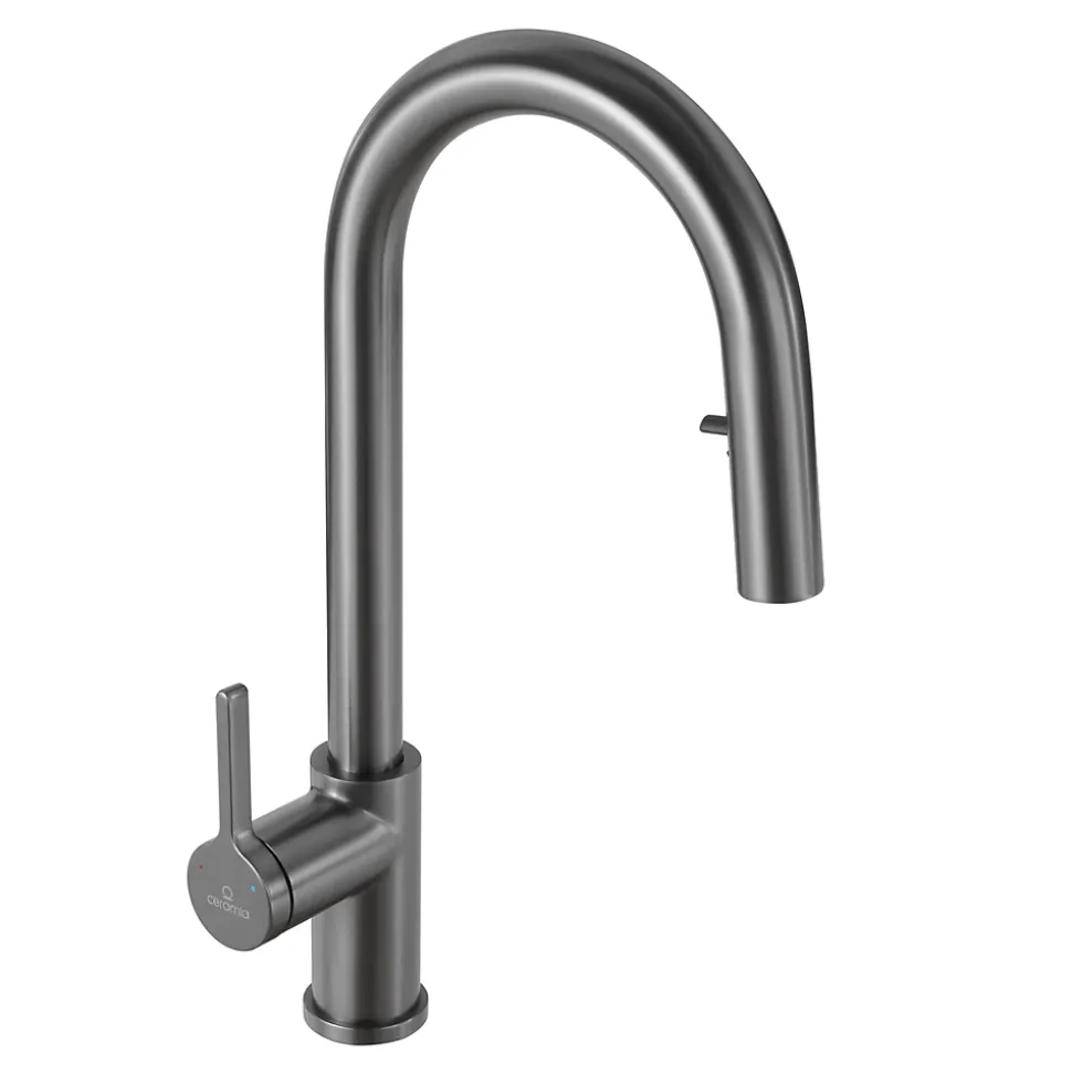 Timeless mitigeur d'évier à levier en acier inoxydable+douchette extractible, monotrou, gun metal brossé (TMLKF285BGM)