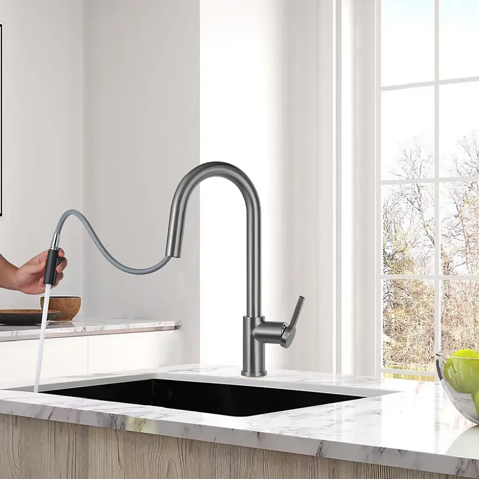 Timeless mitigeur d'évier à levier en acier inoxydable+douchette extractible, monotrou, gun metal brossé (TMLKF285BGM)