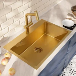 Timeless 68x45x21 cm évier encastrable en inox 304 + mitigeur inox avec douchette extractible, or brossé (TMLKST-6845BG-M1)