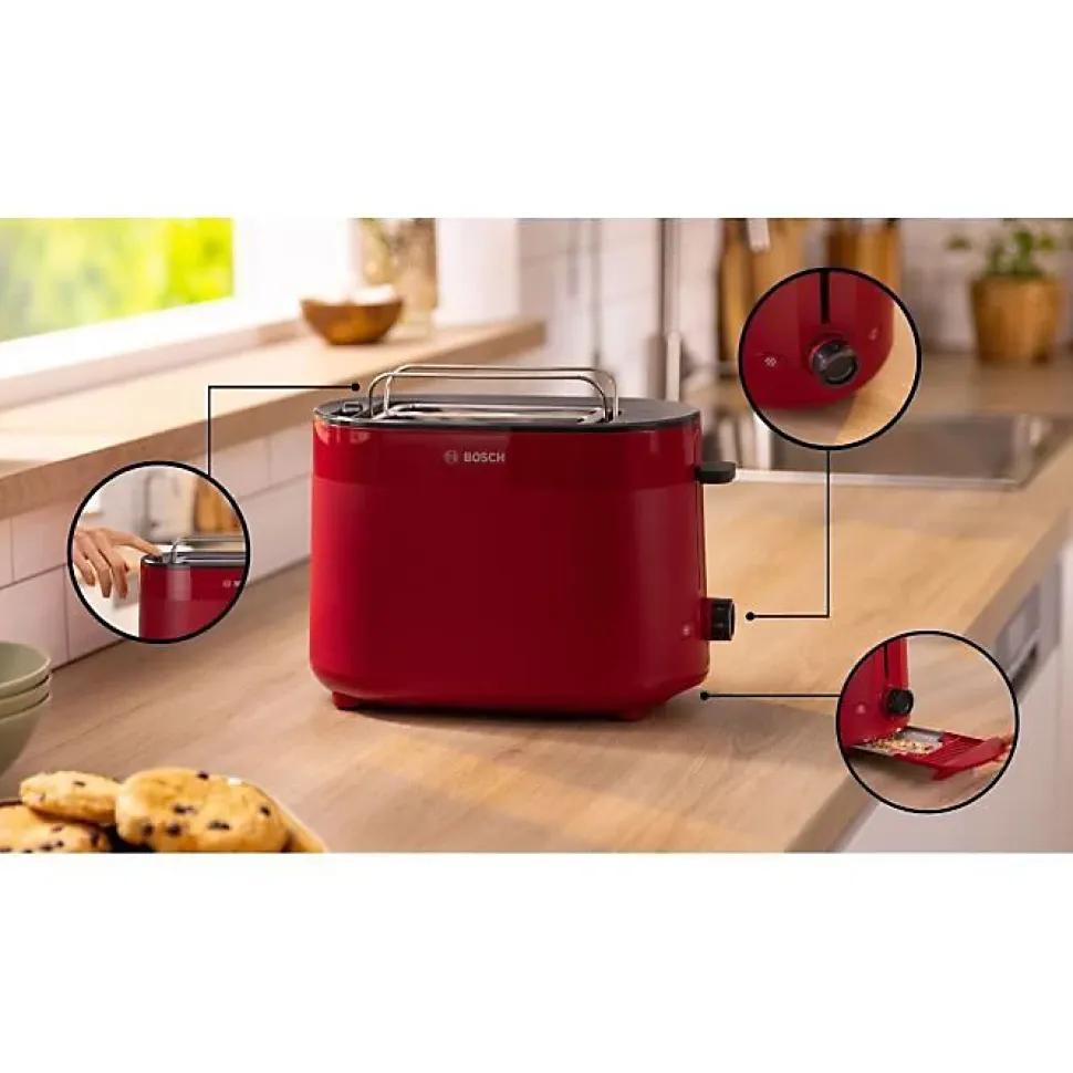 Toaster - BOSCH - TAT2M124 MyMoment - Rouge - 2 tranches - centrage automatique du pain - fonctions décongélation et réchauffage