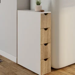 Tour de rangement 4 tiroirs WILO sur roulettes colonne gain de place blanc et façon hêtre