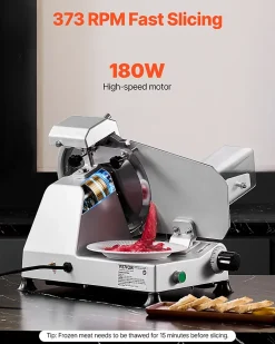 Trancheuse à viande commerciale 180W, lame 65 Mn, épaisseur réglable 0-10 mm.