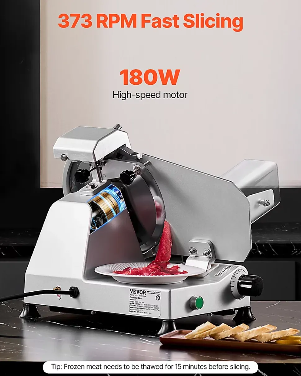 Trancheuse à viande commerciale 180W, lame 65 Mn, épaisseur réglable 0-10 mm.