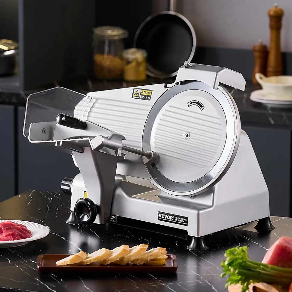 Trancheuse à viande commerciale 180W, lame 65 Mn, épaisseur réglable 0-10 mm.