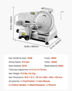 Trancheuse à viande commerciale 180W, lame 65 Mn, épaisseur réglable 0-10 mm.