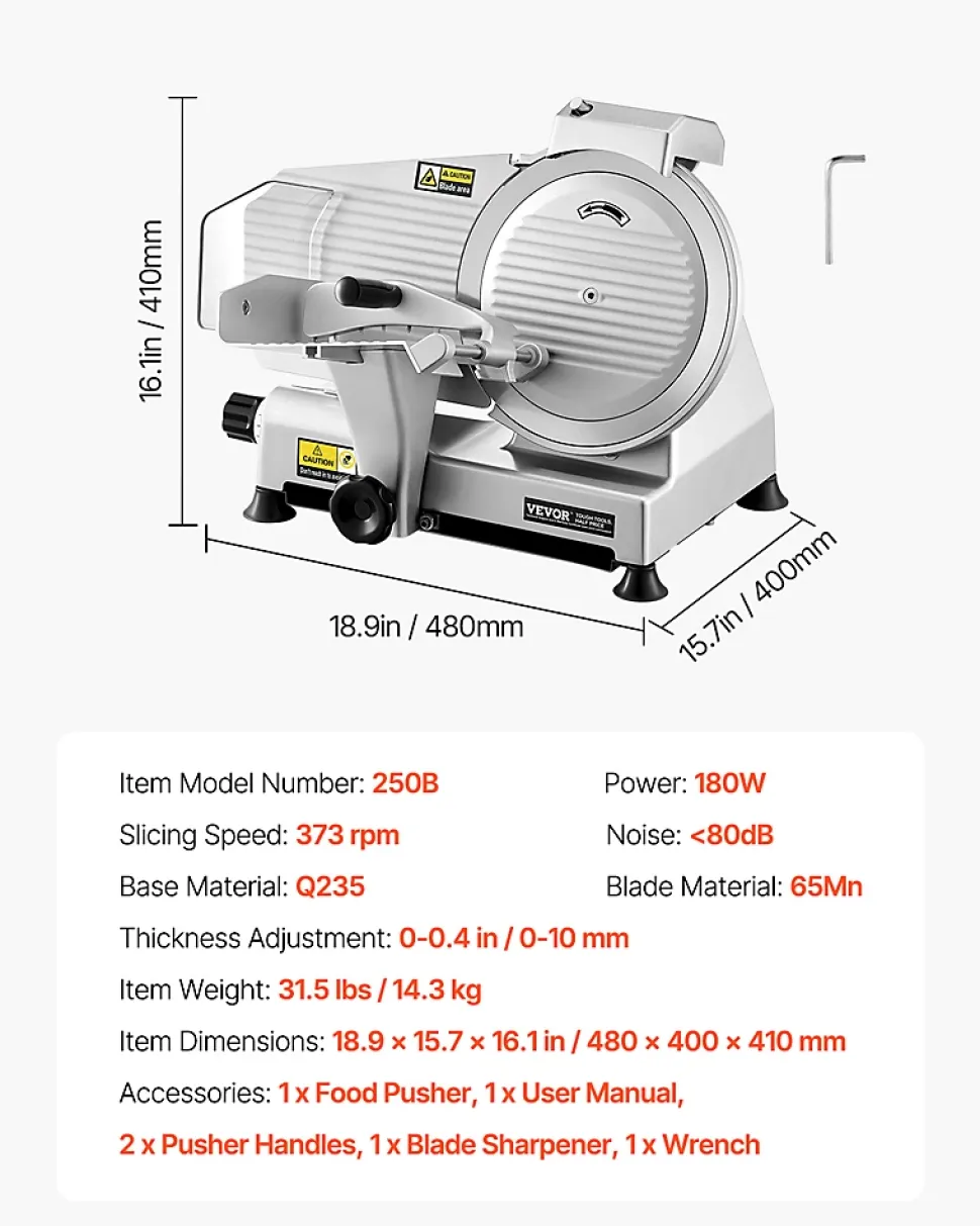 Trancheuse à viande commerciale 180W, lame 65 Mn, épaisseur réglable 0-10 mm.