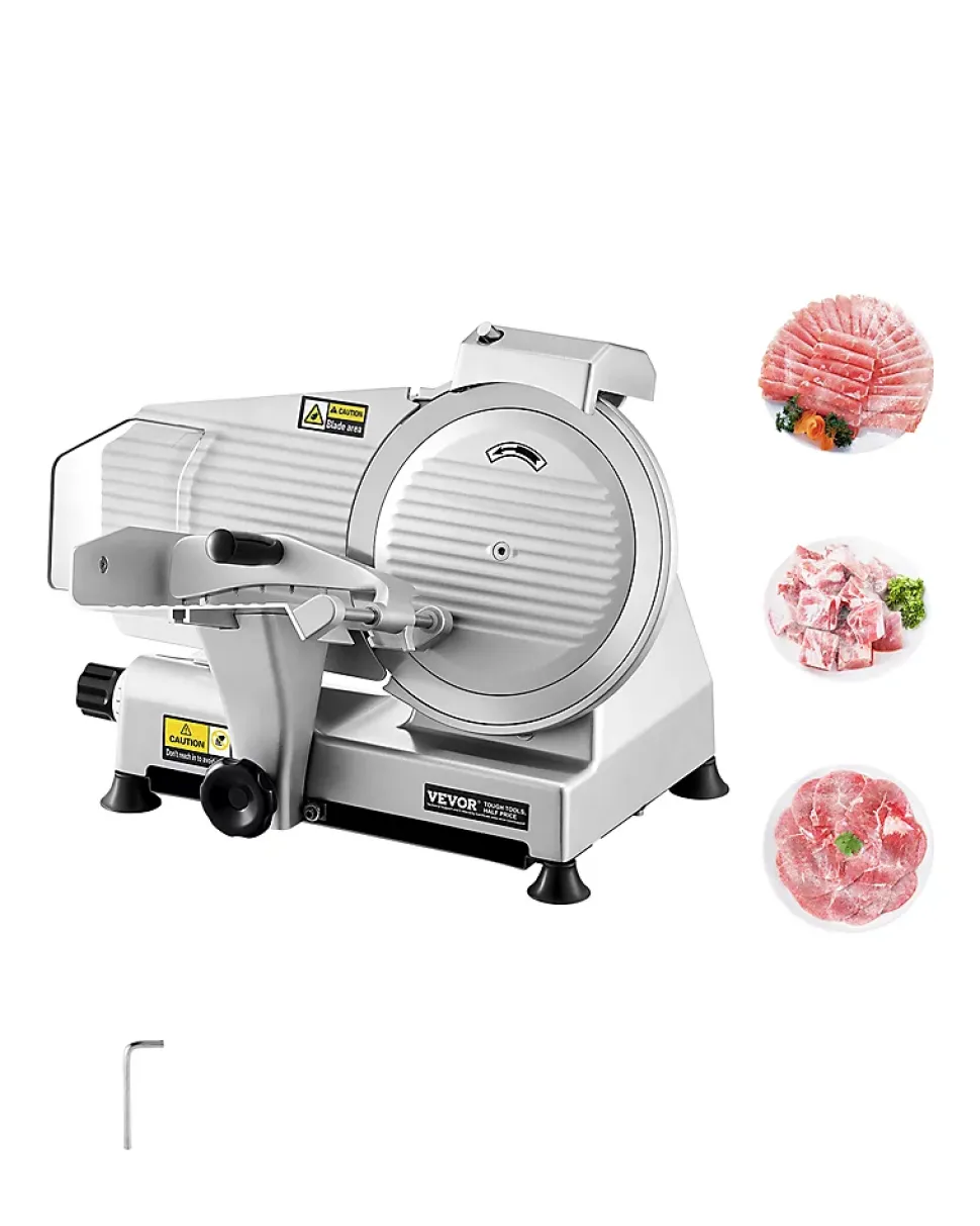 Trancheuse à viande commerciale 180W, lame 65 Mn, épaisseur réglable 0-10 mm.