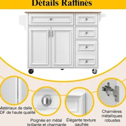 URBAN MEUBLE Desserte de cuisine mobile blanche plateau pliant extensible