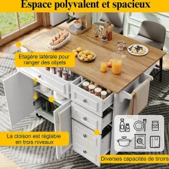 URBAN MEUBLE Desserte de cuisine mobile blanche plateau pliant extensible